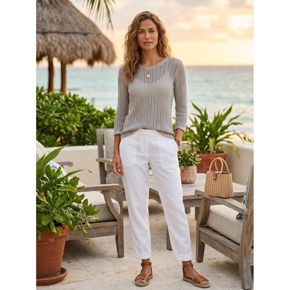 Tommy Bahama Womens Taupe Grey 100% Linen Open Knit Sweater 251-SW421060 XS
